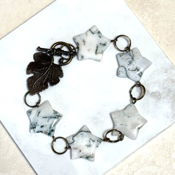2/$20, Genuine White Green Tree Agate Bracelet, Gemstone Star +Bronze Grape Leaf - Picture 5 of 11